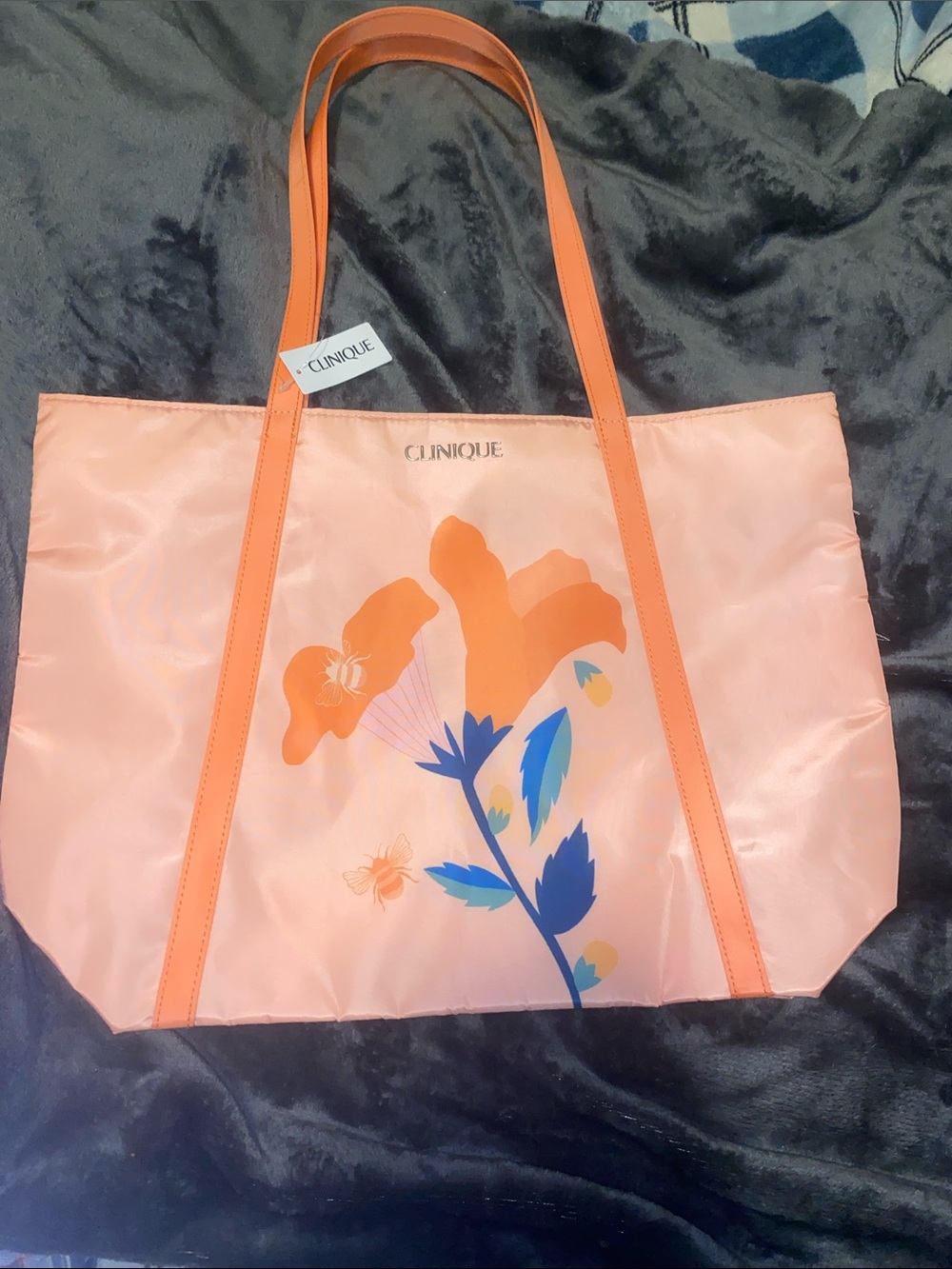 Clinique Peach Tote with Blue Floral Stem
